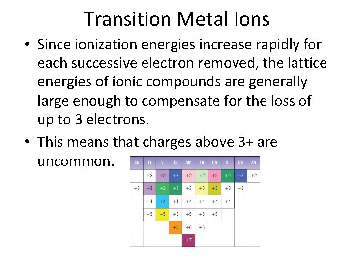 Transition Metal Ions • Since ionization energies increase rapidly for each successive electron removed,