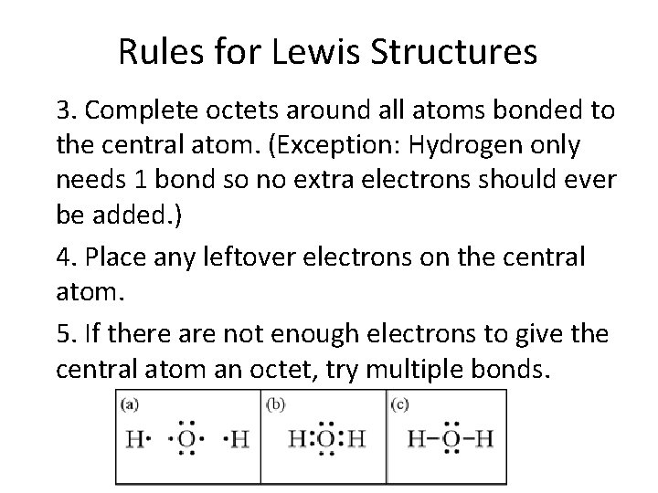 Rules for Lewis Structures 3. Complete octets around all atoms bonded to the central