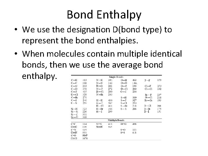 Bond Enthalpy • We use the designation D(bond type) to represent the bond enthalpies.