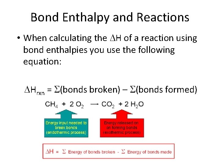 Bond Enthalpy and Reactions • When calculating the DH of a reaction using bond