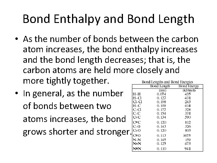 Bond Enthalpy and Bond Length • As the number of bonds between the carbon
