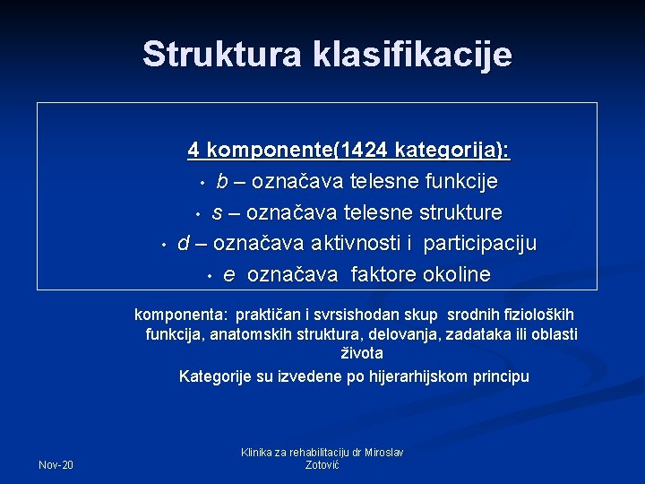 Struktura klasifikacije • 4 komponente(1424 kategorija): • b – označava telesne funkcije • s