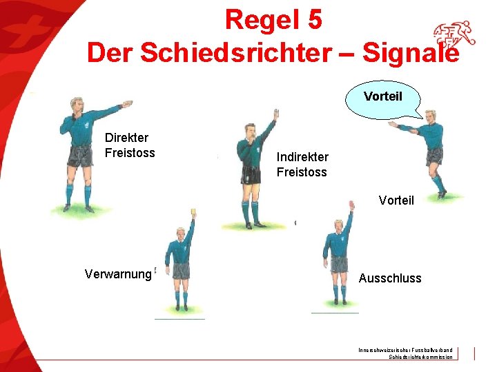 Regel 5 Der Schiedsrichter – Signale Vorteil Direkter Freistoss Indirekter Freistoss Vorteil Verwarnung Ausschluss