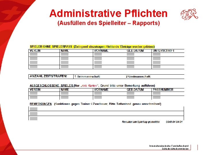 Administrative Pflichten (Ausfüllen des Spielleiter – Rapports) Innerschweizerischer Fussballverband Schiedsrichterkommission 