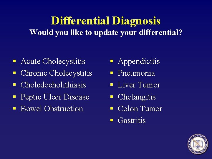 Differential Diagnosis Would you like to update your differential? § § § Acute Cholecystitis