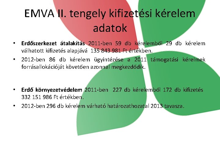 EMVA II. tengely kifizetési kérelem adatok • Erdőszerkezet átalakítás 2011 -ben 59 db kérelemből