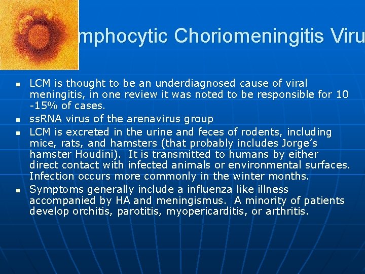 Lymphocytic Choriomeningitis Viru n n LCM is thought to be an underdiagnosed cause of