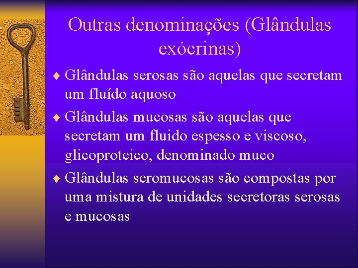 Outras denominações (Glândulas exócrinas) ¨ Glândulas serosas são aquelas que secretam um fluído aquoso
