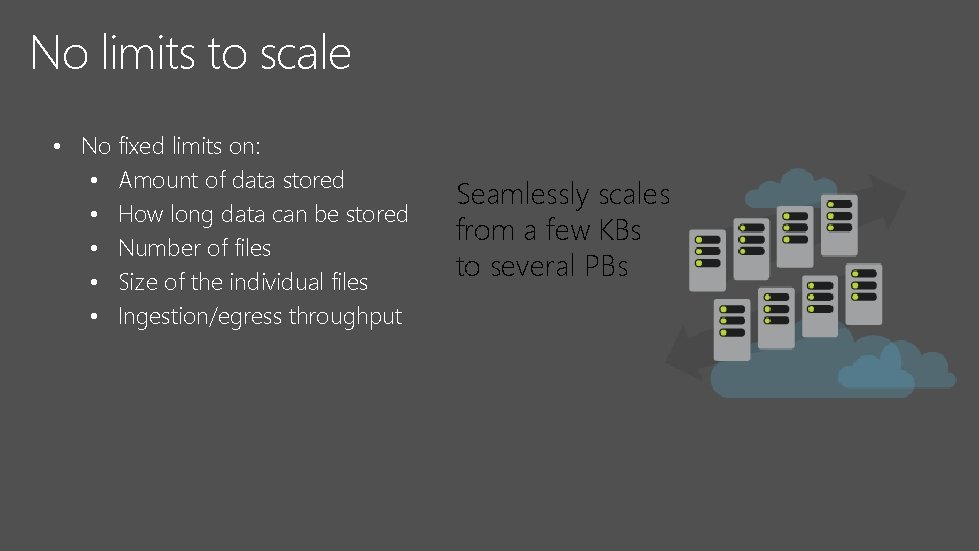 No limits to scale • No fixed limits on: • Amount of data stored No limits to scale • No fixed limits on: • Amount of data stored