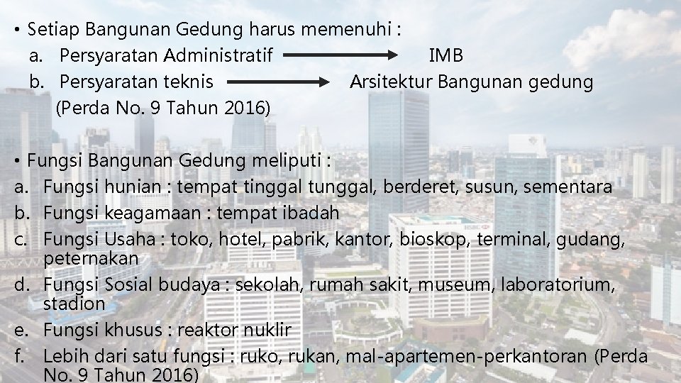  • Setiap Bangunan Gedung harus memenuhi : a. Persyaratan Administratif IMB b. Persyaratan