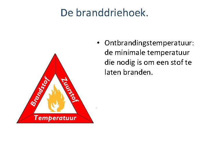 De branddriehoek. • Ontbrandingstemperatuur: de minimale temperatuur die nodig is om een stof te