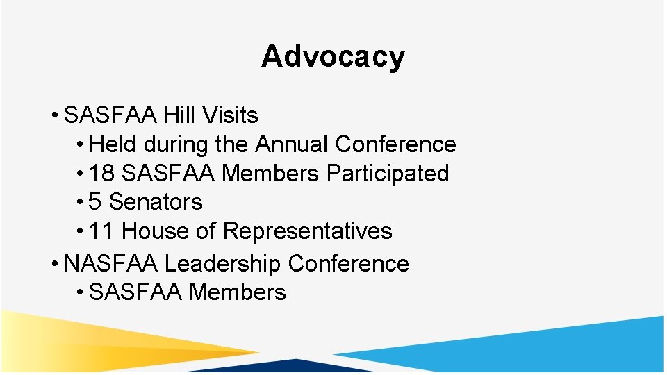 Advocacy • SASFAA Hill Visits • Held during the Annual Conference • 18 SASFAA