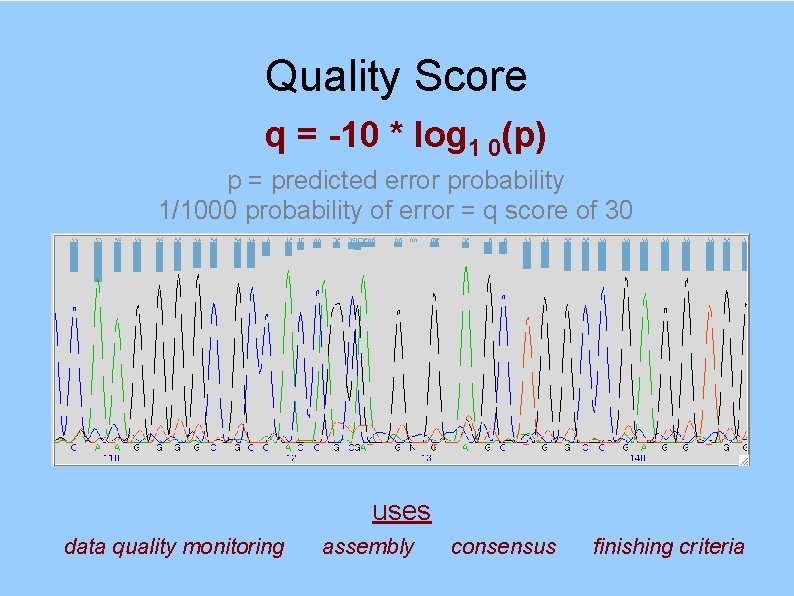 Quality Score q = -10 * log 1 0(p) p = predicted error probability