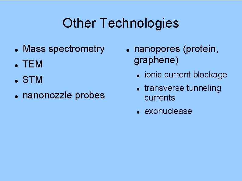 Other Technologies Mass spectrometry TEM STM nanonozzle probes nanopores (protein, graphene) ionic current blockage