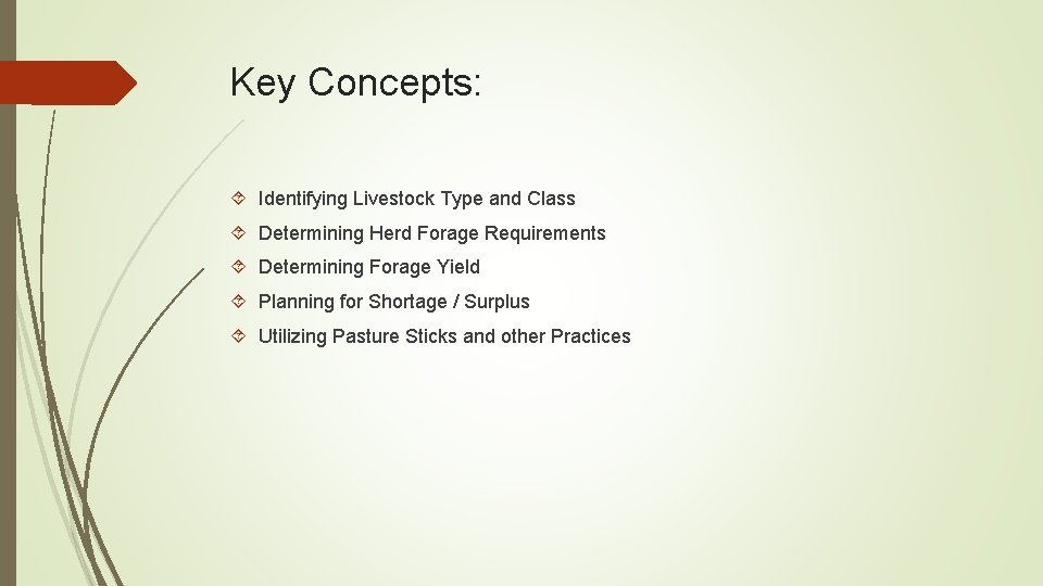 Key Concepts: Identifying Livestock Type and Class Determining Herd Forage Requirements Determining Forage Yield
