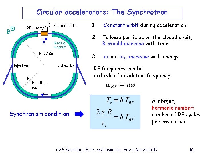 Circular accelerators: The Synchrotron B RF generator RF cavity E Bending magnet R=C/2π injection