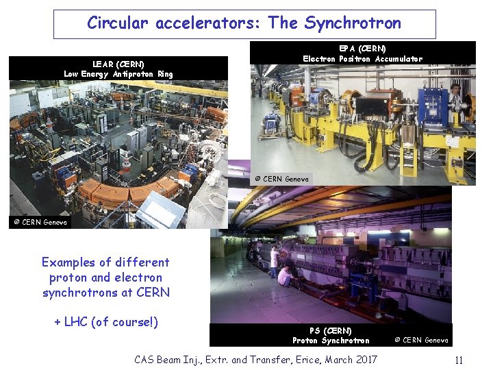 Circular accelerators: The Synchrotron LEAR (CERN) Low Energy Antiproton Ring EPA (CERN) Electron Positron