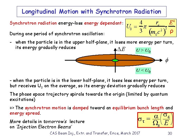 Longitudinal Motion with Synchrotron Radiation Synchrotron radiation energy-loss energy dependant: During one period of