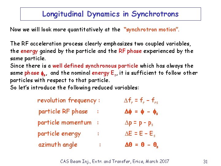 Longitudinal Dynamics in Synchrotrons Now we will look more quantitatively at the “synchrotron motion”.