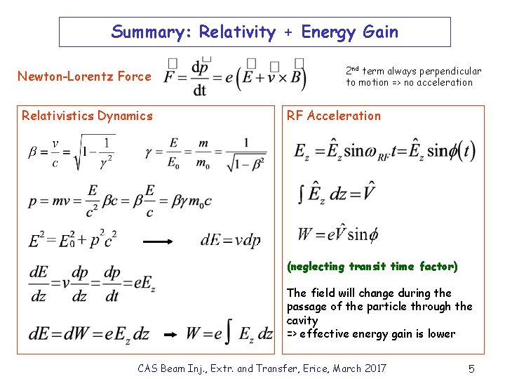 Summary: Relativity + Energy Gain Newton-Lorentz Force Relativistics Dynamics 2 nd term always perpendicular
