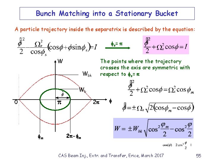 Bunch Matching into a Stationary Bucket A particle trajectory inside the separatrix is described