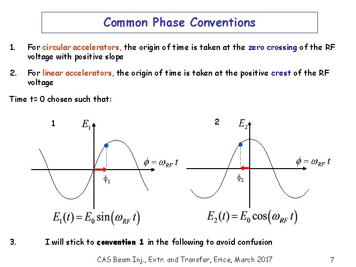 Common Phase Conventions 1. For circular accelerators, the origin of time is taken at