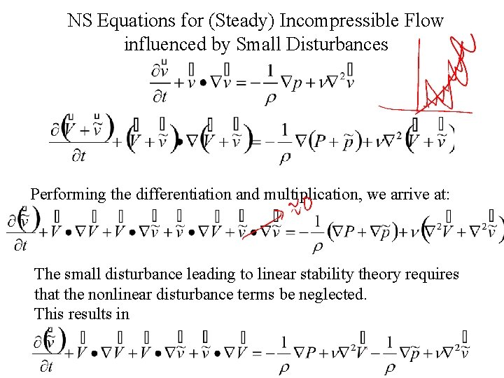 NS Equations for (Steady) Incompressible Flow influenced by Small Disturbances Performing the differentiation and