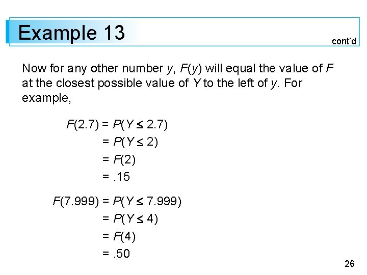 Example 13 cont’d Now for any other number y, F (y) will equal the