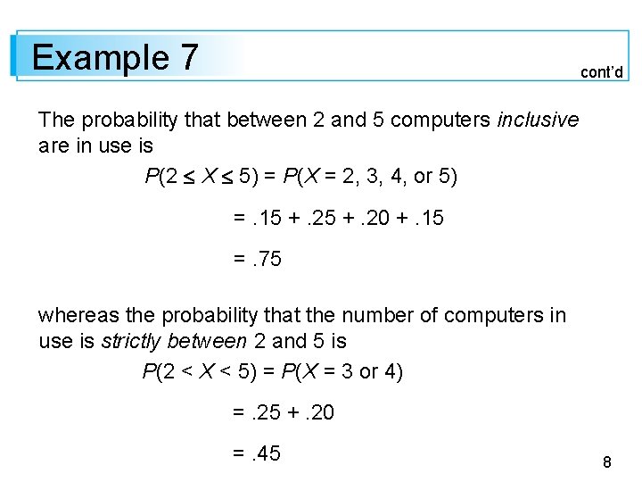 Example 7 cont’d The probability that between 2 and 5 computers inclusive are in Example 7 cont’d The probability that between 2 and 5 computers inclusive are in