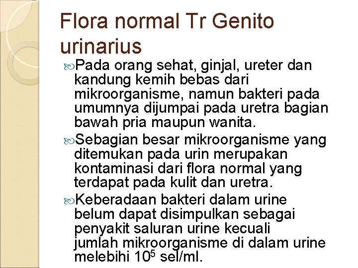 Flora normal Tr Genito urinarius Pada orang sehat, ginjal, ureter dan kandung kemih bebas