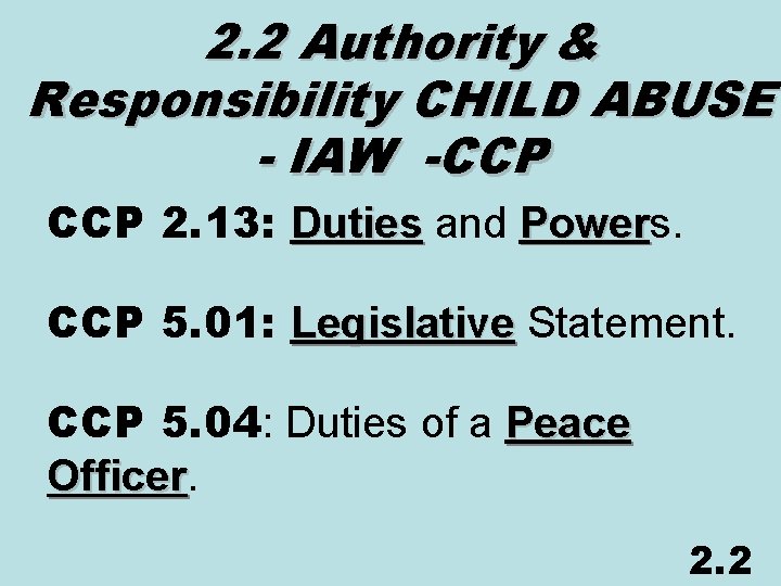 2. 2 Authority & Responsibility CHILD ABUSE - IAW -CCP 2. 13: Duties and