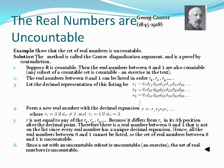 The Real Numbers are Uncountable Georg Cantor (1845 -1918) Example: Show that the set The Real Numbers are Uncountable Georg Cantor (1845 -1918) Example: Show that the set
