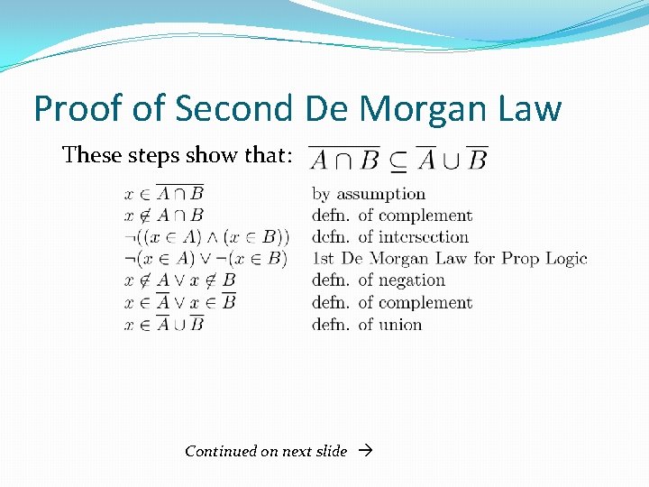 Proof of Second De Morgan Law These steps show that: Continued on next slide Proof of Second De Morgan Law These steps show that: Continued on next slide