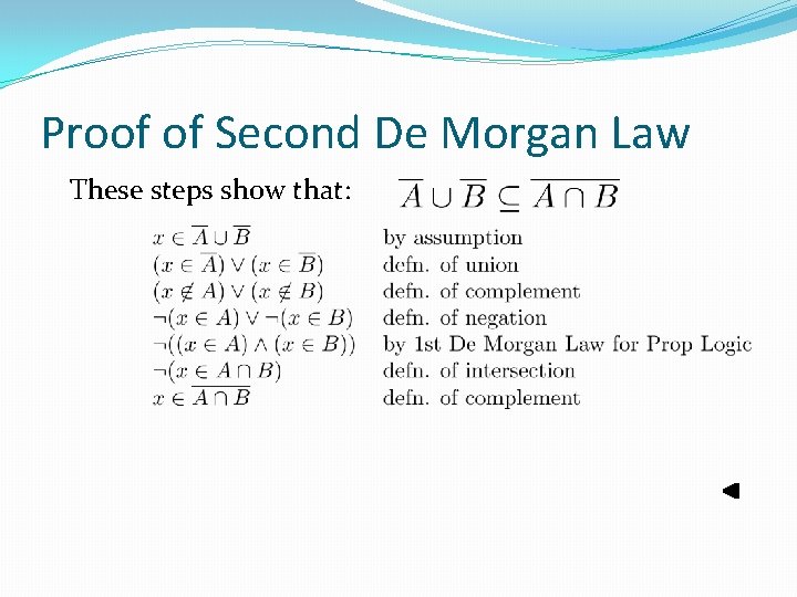 Proof of Second De Morgan Law These steps show that: Proof of Second De Morgan Law These steps show that: