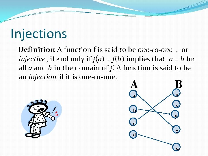 Injections Definition: A function f is said to be one-to-one , or injective , Injections Definition: A function f is said to be one-to-one , or injective ,