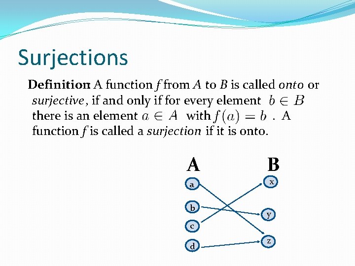 Surjections Definition: A function f from A to B is called onto or surjective, Surjections Definition: A function f from A to B is called onto or surjective,