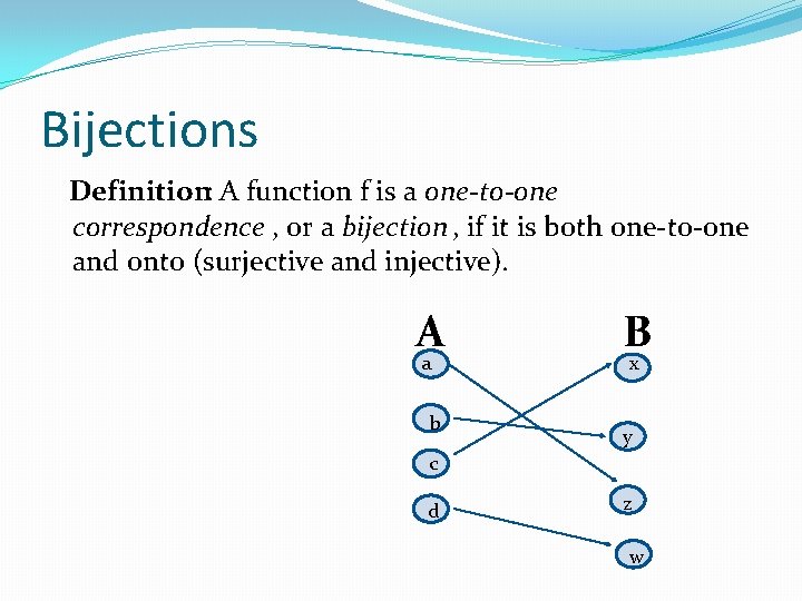 Bijections Definition: A function f is a one-to-one correspondence , or a bijection , Bijections Definition: A function f is a one-to-one correspondence , or a bijection ,