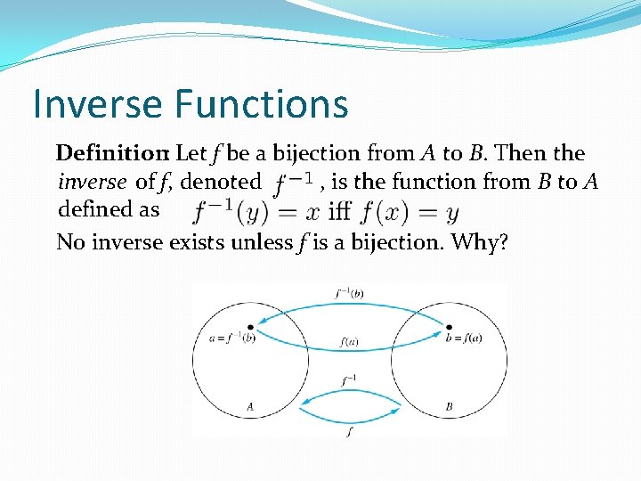 Inverse Functions Definition: Let f be a bijection from A to B. Then the Inverse Functions Definition: Let f be a bijection from A to B. Then the