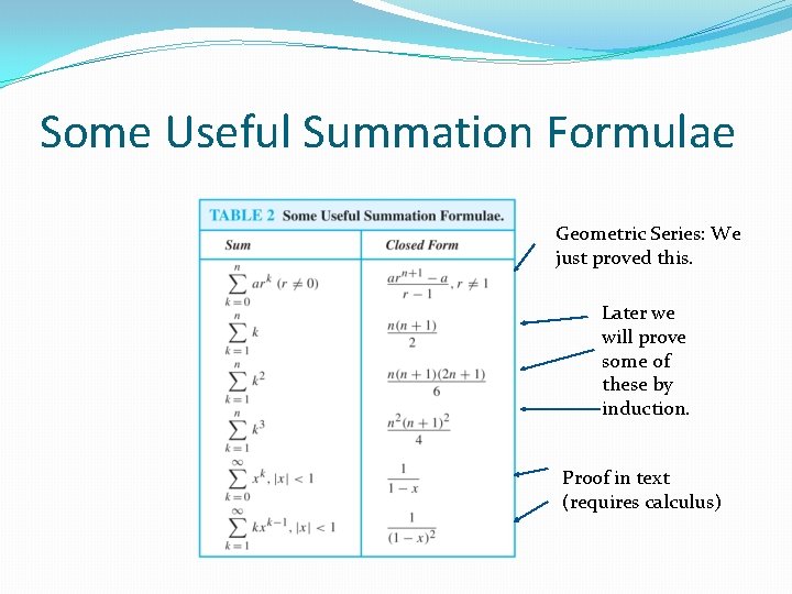 Some Useful Summation Formulae Geometric Series: We just proved this. Later we will prove Some Useful Summation Formulae Geometric Series: We just proved this. Later we will prove