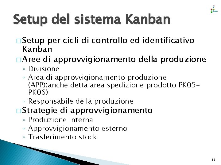 Setup del sistema Kanban � Setup per cicli di controllo ed identificativo Kanban �