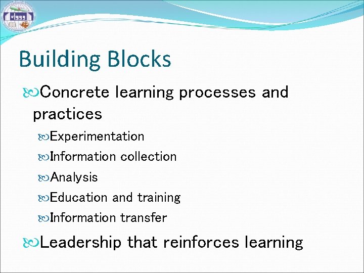 Building Blocks Concrete learning processes and practices Experimentation Information collection Analysis Education and training