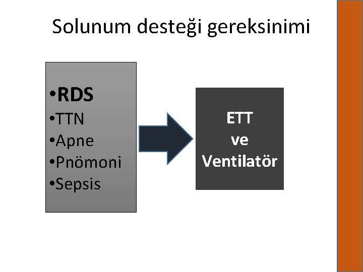 Solunum desteği gereksinimi • RDS • TTN • Apne • Pnömoni • Sepsis ETT