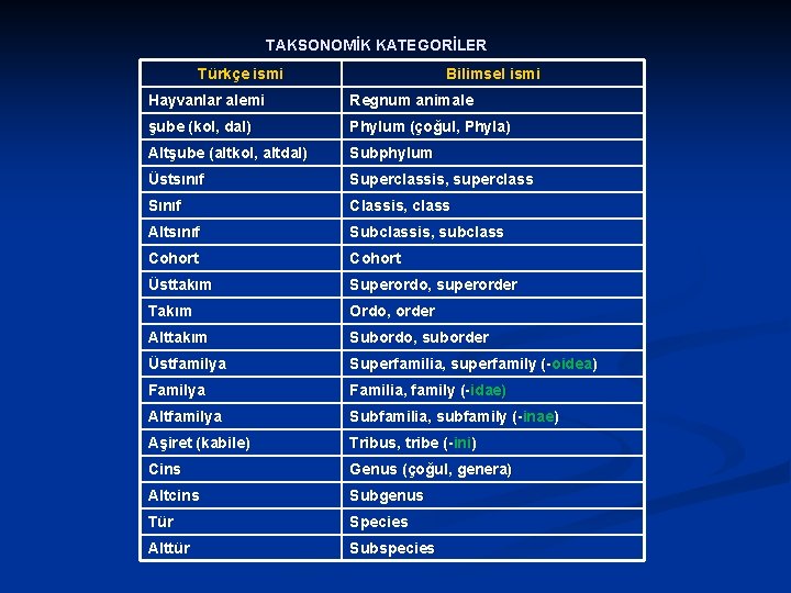 TAKSONOMİK KATEGORİLER Türkçe ismi Bilimsel ismi Hayvanlar alemi Regnum animale şube (kol, dal) Phylum