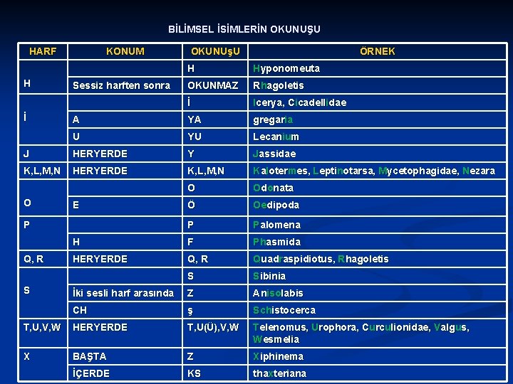 BİLİMSEL İSİMLERİN OKUNUŞU HARF KONUM OKUNUşU ÖRNEK H Hyponomeuta OKUNMAZ Rhagoletis İ Icerya, Cicadellidae