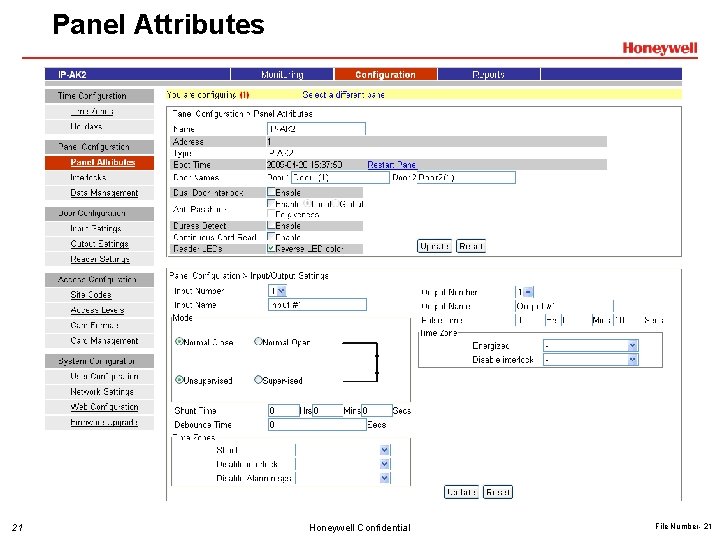 Panel Attributes 21 Honeywell Confidential File Number- 21 