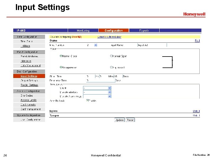 Input Settings 26 Honeywell Confidential File Number- 26 