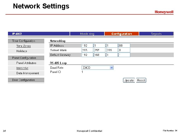 Network Settings 34 Honeywell Confidential File Number- 34 