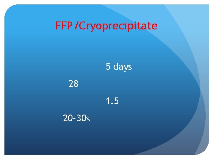 FFP/Cryoprecipitate 5 days 28 1. 5 20 -30% 