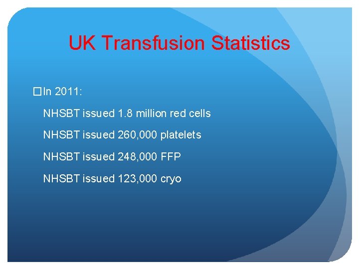 UK Transfusion Statistics �In 2011: NHSBT issued 1. 8 million red cells NHSBT issued