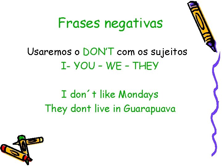 Frases negativas Usaremos o DON’T com os sujeitos I- YOU – WE – THEY